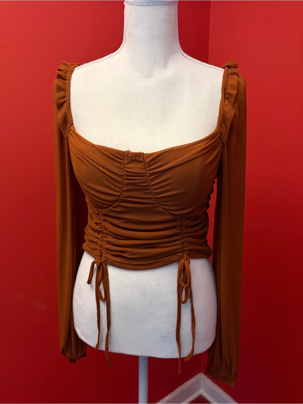 Ruched Square Neck Long Sleeve Crop Top